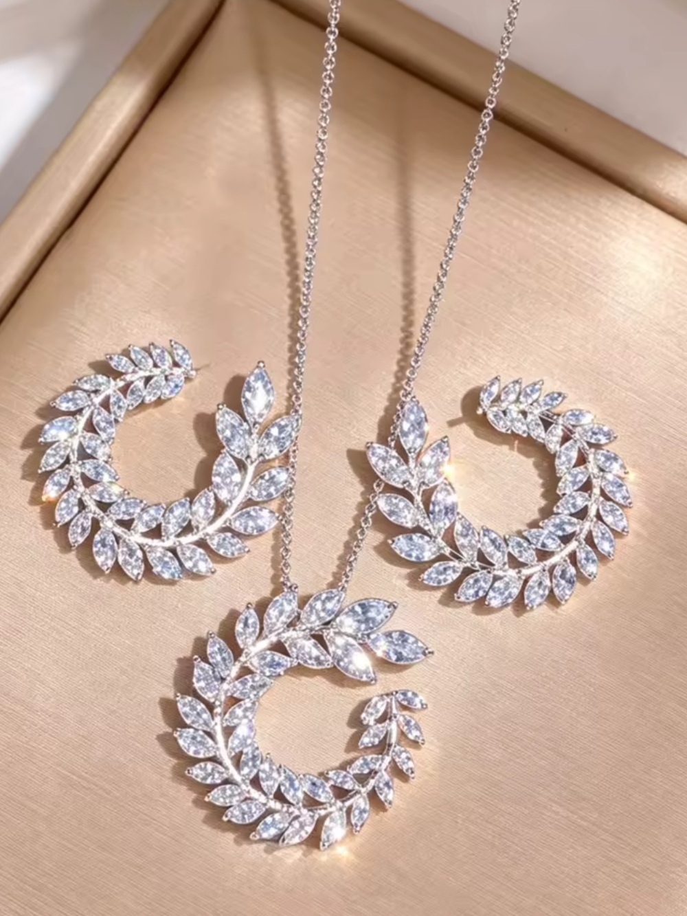 Crystal Leaf Pendant Necklace and Earring Set - White